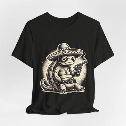 Tortuga Armada T-Shirt - Laid-back Turtle in Sombrero with Smoking Revolver Design