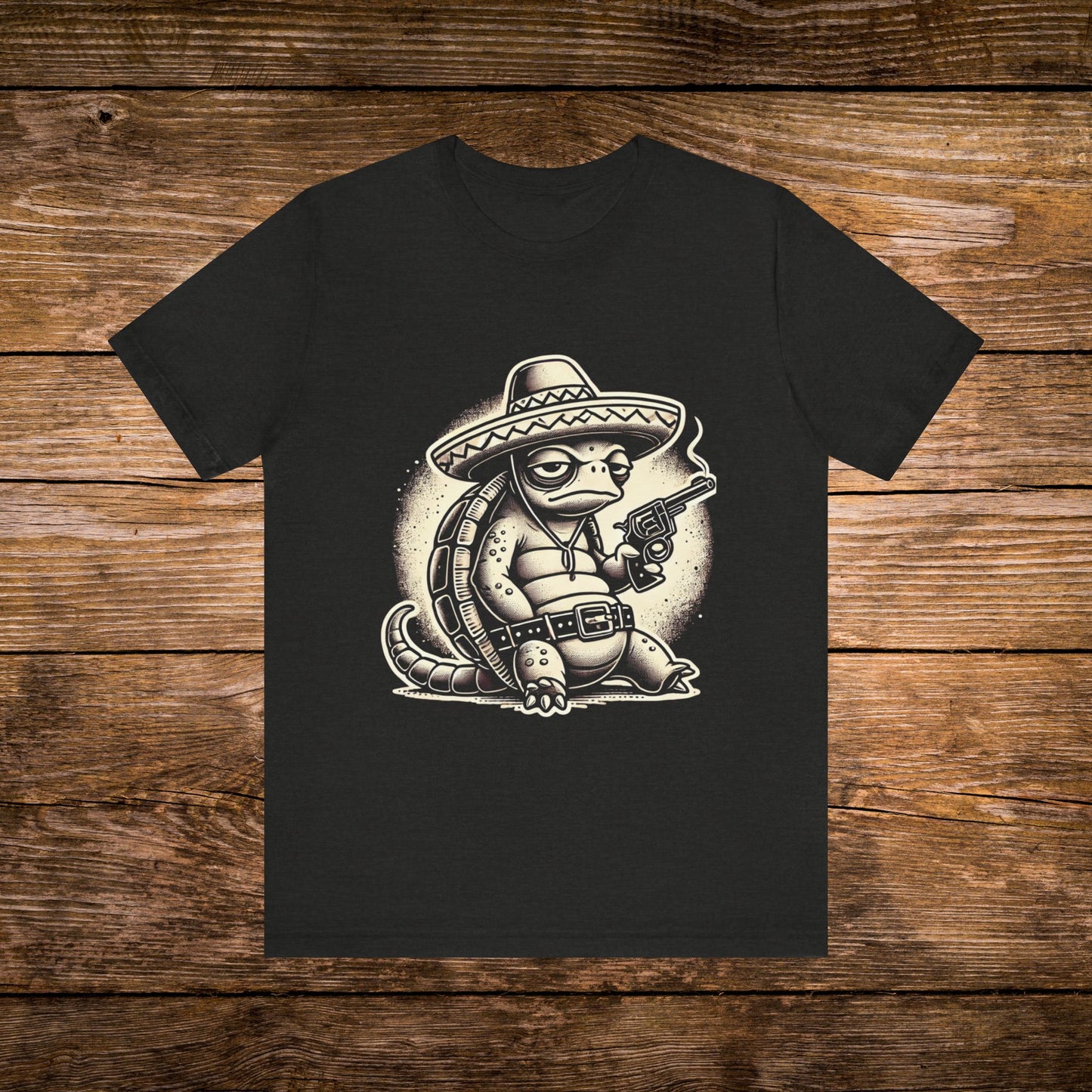 Tortuga Armada T-Shirt - Laid-back Turtle in Sombrero with Smoking Revolver Design